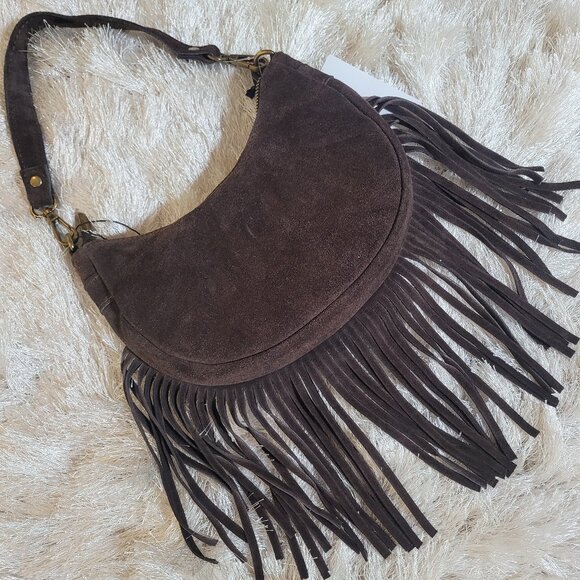 Marlon Boho Fringe Shoulder Crossbody Bag Purse Suede Leather Italy Small Brown - Picture 1 of 10